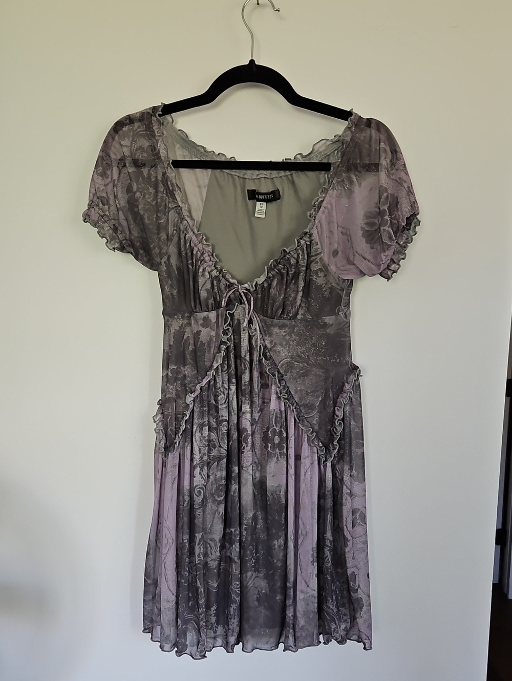 Floral Ruffle Front Lavender and Gray Dress